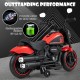 Kids electric motorcycle in red with training wheels, LED headlights, and realistic throttle for safe, fun riding.