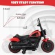 Kids electric motorcycle in red with training wheels, LED headlights, and soft start function for safe riding.