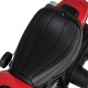 Close-up of the black seat on the red Kids Electric Motorcycle with training wheels, featuring a comfortable design.