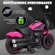 Kids electric motorcycle in pink with training wheels, LED headlights, and realistic throttle for fun outdoor rides.