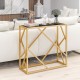 Golden metal frame entryway table with black top, featuring modern design and sturdy construction for versatile use.