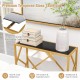 Golden metal frame entryway table with black tempered glass top, waterproof and easy to clean, ideal for modern decor.