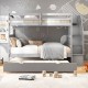 Gray wood bunk bed with guard rail, twin beds, and 4-step storage stairs for space-saving children's room.