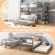 Gray wood bunk bed with guard rail and storage stairs, convertible to three twin beds for versatile sleeping options.