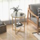 Round end table with tempered glass top and faux marble shelf, featuring a gold frame, perfect for living room or.