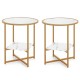 Set of 2 round end tables with tempered glass tops and faux marble shelves, perfect for living room or bedroom use.