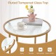 Round end table with fluted tempered glass top and gold frame, featuring faux marble shelf for stylish storage.