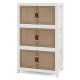 Stackable storage bins with lockable wheels, featuring a large capacity and dual access doors for easy organization.