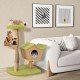 Wooden cat tree with padded top perch in green, featuring a cozy condo, scratching posts, and playful dangling balls.