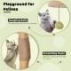 Wooden cat tree featuring a padded top perch, scratching posts, and dangling balls for playful feline fun.