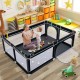 Portable black baby playpen with ocean balls, 81 x 59 inches, featuring mesh walls for interaction and safety zippers.
