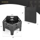 Collapsible 19-inch portable fire pit with storage bag, featuring carbon steel construction and decorative fire motif.