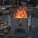 Collapsible 19-inch portable fire pit with flames, designed for camping and backyard use, featuring carbon steel.