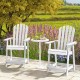 Two white HDPE patio chairs with armrests and footrests beside a small table, perfect for outdoor relaxation.