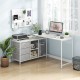 L-shaped computer desk in white with power outlet, featuring spacious surface and fabric drawers for organized.