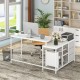 L-shaped white computer desk with power outlet, spacious surface, and fabric drawers for organized workspace.