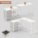 L-shaped computer desk in white with dimensions, featuring fabric drawers, metal mesh shelves, and built-in power.