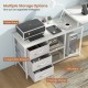 L-shaped computer desk with printer stand, 3 fabric drawers, and power outlet for organized workspace in white finish.