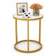 Round side table with faux marble top and golden metal frame, perfect for small spaces in living room or office.