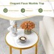 Round side table with faux marble top and golden metal frame, perfect for small spaces in living rooms or bedrooms.