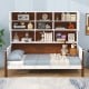 Twin bed with bookcase featuring 2 cabinets and 5 shelves, designed for storage and support in white finish.