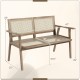 Teak wood garden bench with armrests and natural rattan backrest, measuring 47" x 25", ideal for patio or garden use.