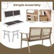Indonesia teak wood garden bench with armrests and natural rattan backrest, designed for easy assembly and outdoor use.
