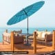 Turquoise 9 feet round patio umbrella with a crank handle and vented top, ideal for providing shade during outdoor.