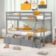 Twin over twin gray bunk bed with storage drawers and integrated ladder, perfect for kids' rooms and space-saving.