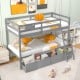 Twin over twin gray bunk bed with storage drawers and integrated ladder, perfect for kids' rooms and space-saving needs.