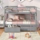 Twin over twin gray bunk bed with storage drawers, sturdy pine wood frame, ideal for kids' rooms or dormitories.