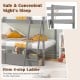 Gray twin over twin bunk bed with a firm 4-step ladder and two storage drawers for space-saving organization.
