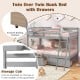 Twin over twin gray bunk bed with storage drawers, sturdy pine wood frame, integrated ladder, ideal for kids' rooms.