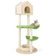 Cat climbing stand with soft green platforms, sisal scratching posts, and cozy hideaway for indoor kittens.