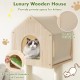 Luxury wooden cat house with breathable twill fabric, soft cushion, and cozy hideaway for indoor kittens.