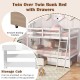 Twin over twin bunk bed in white with storage drawers, integrated ladder, and sturdy pine wood frame for kids' rooms.