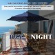 10-foot dark blue outdoor patio umbrella with solar LED lights, showcasing day and night features for versatile outdoor.