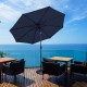 Dark blue 9-foot solar LED lighted patio umbrella with tilt adjustment, ideal for outdoor relaxation and shade.
