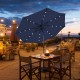 Dark blue 9-foot solar LED lighted patio umbrella with crank lift and tilt adjustment, perfect for outdoor dining.