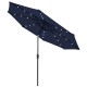 Dark blue 9-foot patio market umbrella with solar LED lights, crank lift, and tilt adjustment for versatile outdoor.