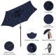 Dark blue 9-foot patio umbrella with 18 solar LED lights, crank lift, and push-button tilt for versatile shade.