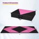 4-panel black and pink folding exercise gym mat with dimensions, featuring a space-saving design and carrying handles.