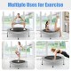 38-inch gray mini folding trampoline shown in multiple exercise positions, featuring a sturdy steel frame and non-slip.