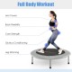 38-inch mini folding trampoline showing a woman exercising, designed for fitness with a sturdy steel frame and premium.