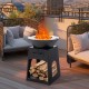 Patio fire pit in black with grill and wood rack, ideal for outdoor gatherings and versatile heating.