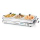 Electric warming tray with three 8 qt serving trays, stainless steel design, and temperature control for efficient food.