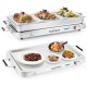 Electric warming tray with three 8 qt serving trays, stainless steel, and temperature control for efficient food.