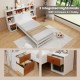 Twin bed frame with storage headboard, integrated nightstands, 3 drawers, and open shelves for bedtime essentials.