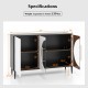 Sideboard cabinet specifications showing dimensions, weight capacity, and features like tempered glass doors and.