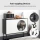 Sideboard cabinet with tempered glass door, featuring anti-toppling devices, adjustable shelves, and raised metal legs.